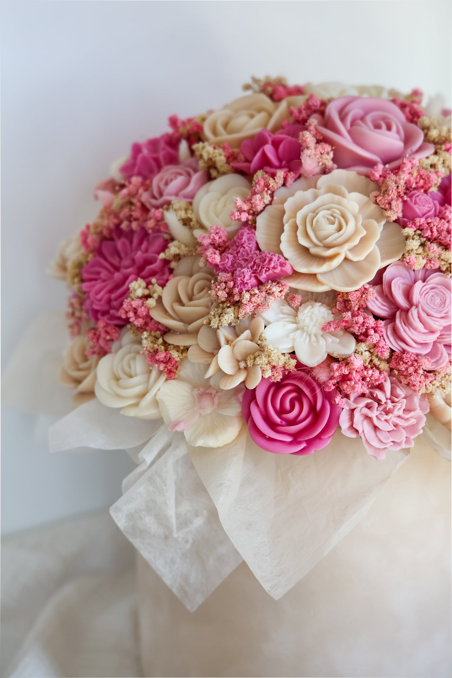 XXL Blumenstrauß aus Wachsblüten Samt Pastell/Pink