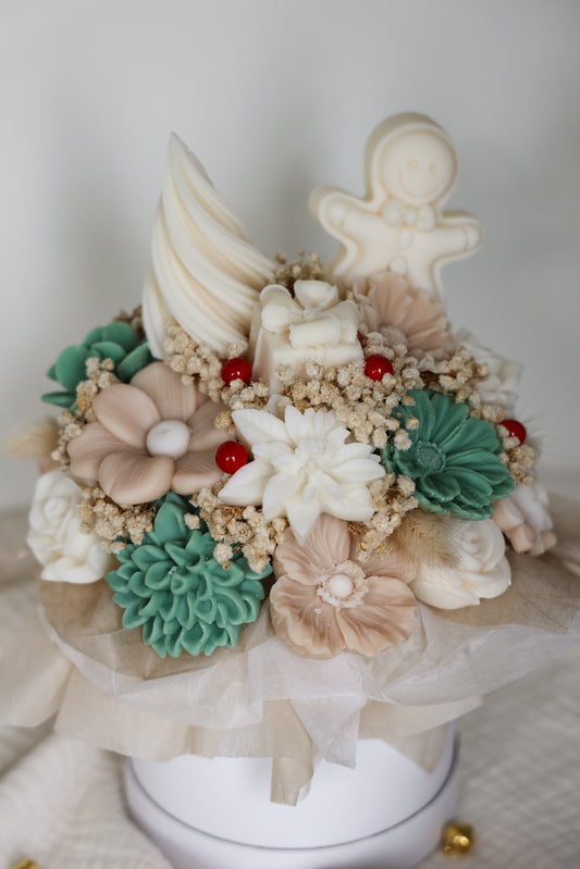 Weihnachtsblumenstrauß aus Wachs Tanne/Puder