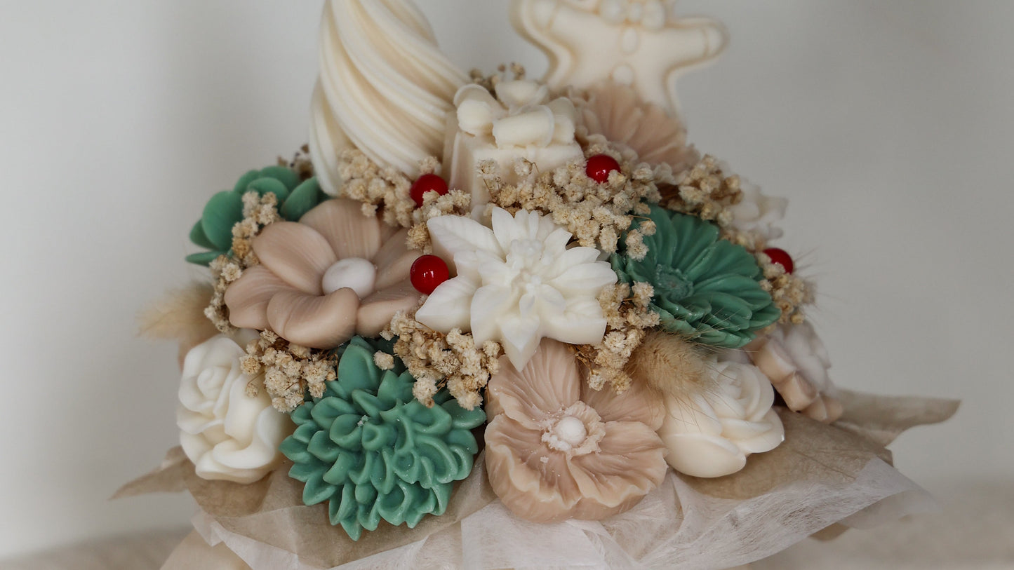 Weihnachtsblumenstrauß aus Wachs Tanne/Puder