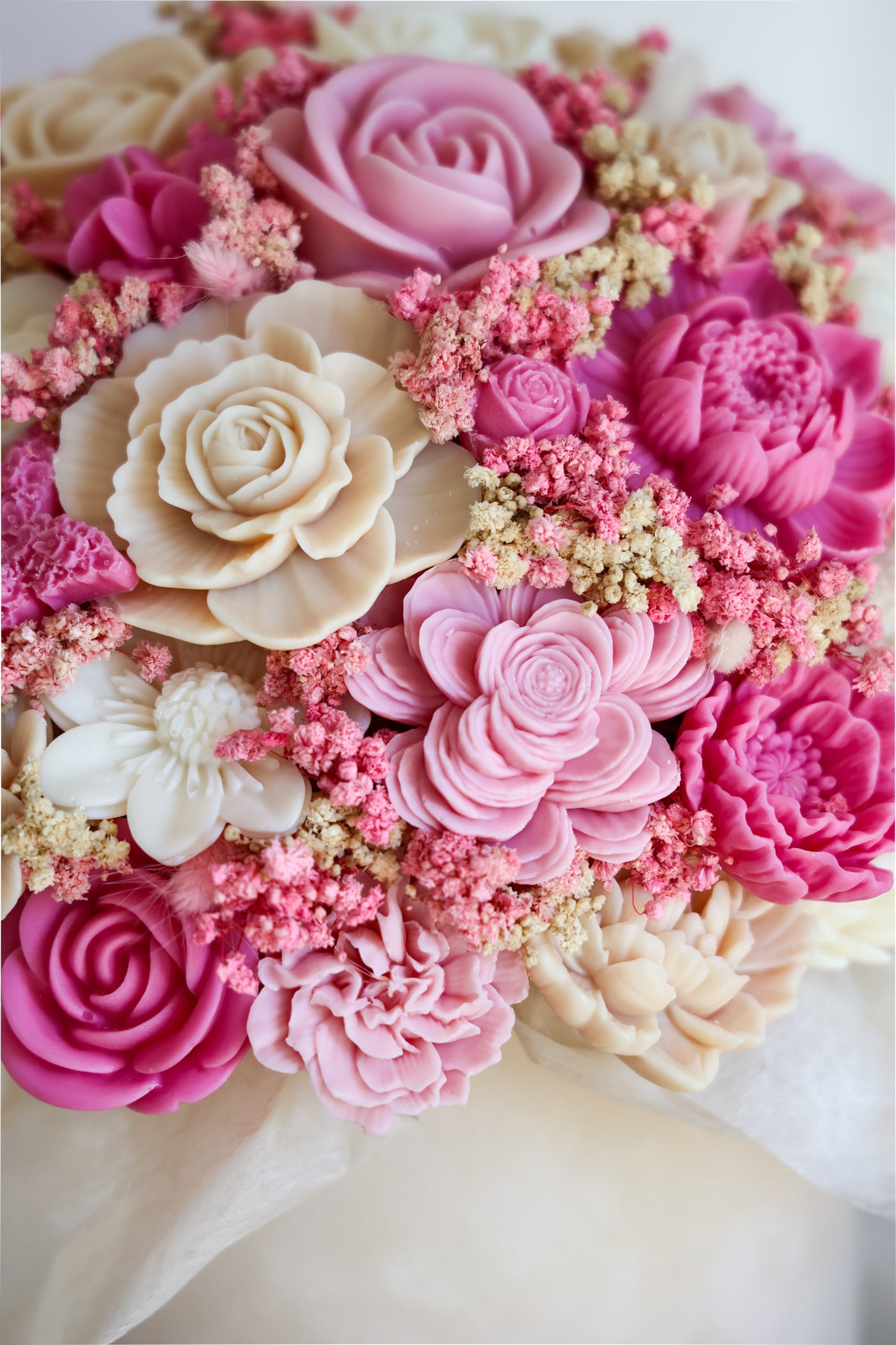 XXL Blumenstrauß aus Wachsblüten Samt Pastell/Pink