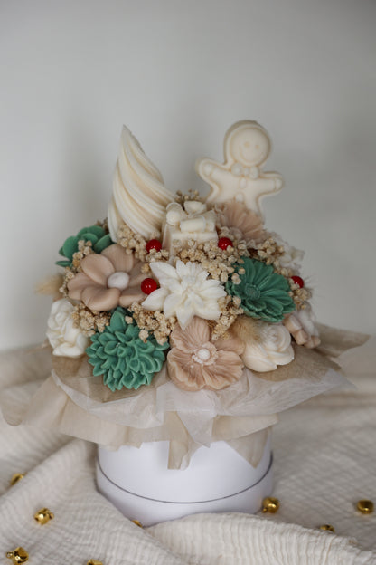 Weihnachtsblumenstrauß aus Wachs Tanne/Puder