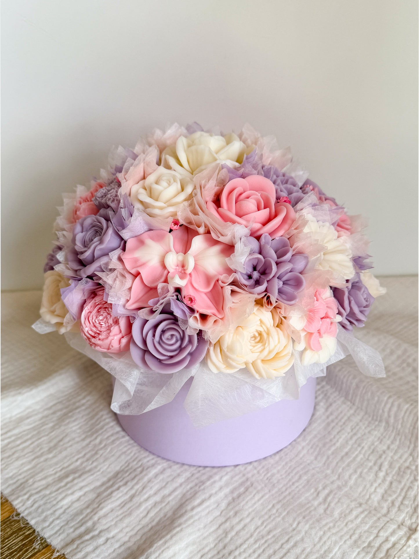 XL Blumenstrauß aus Wachsblüten Pastell Flieder/Rosa